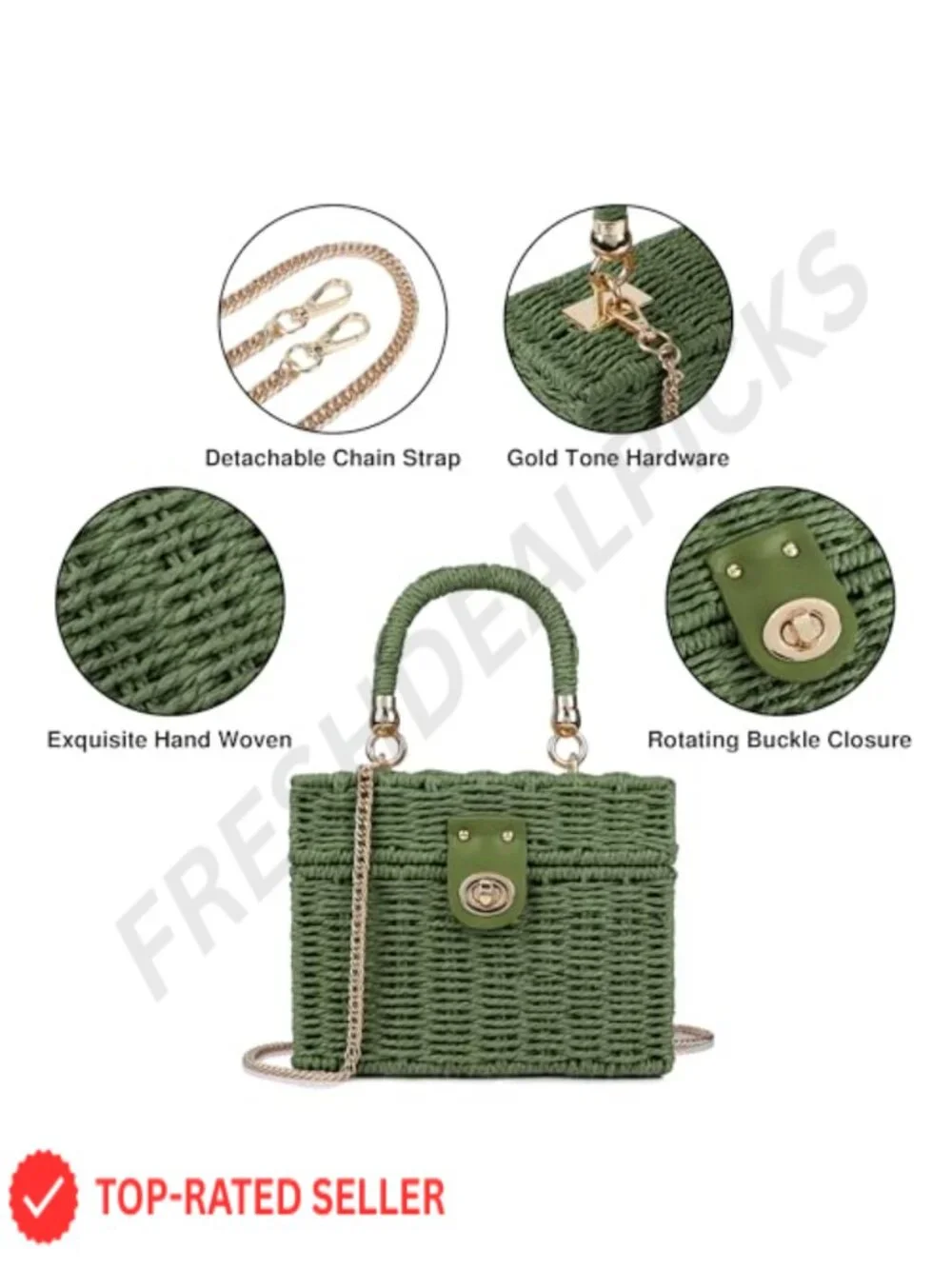 Handwoven Rattan Bag Crossbody Shoulder Straw Beach Tote Satchel with Chain